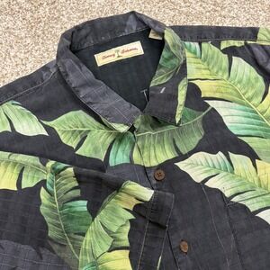 Tommy Bahama Button Down Shirt Men XL Black Silk Tropical Banana Leaf Jacquard